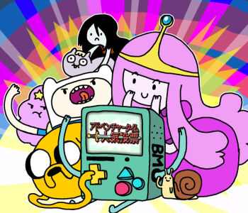 Rule 34 | 1other, 3boys, 3girls, adventure time, alien, animal, black eyes, black hair, black sclera, blue shirt, bmo, cartoon network, cat, character request, colored sclera, colored skin, computer, dog, dress, facial mark, finn the human, forehead mark, grey fur, grey skin, hat, jake the dog, long hair, lumpy space princess, marceline abadeer, multiple boys, multiple girls, open mouth, orange fur, pink dress, pink hair, pink skin, princess, princess bonnibel bubblegum, puffy sleeves, purple skin, rainbow background, red shirt, robot, screaming, shirt, short sleeves, sleeveless, sleeveless shirt, snail, snail (adventure time), star (symbol), star facial mark, sukaponta, sunburst, sunburst background, sword, teeth, tiara, tongue, tongue out, vampire, waving, weapon, white eyes, white hat