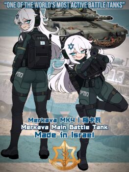 Rule 34 | 1girl, full body, headgear, highres, long hair, military vehicle, motor vehicle, original, pckcool, personification, photo inset, smile, solo, tactical clothes, tank, vehicle and personification, white hair