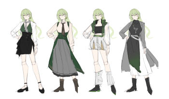 1girl artist_collaboration black_dress black_necktie black_shirt black_skirt coat collared_shirt commentary crop_top dress earrings english_commentary green_shirt grey_coat grey_skirt hair_between_eyes headphones headphones_around_neck highres honkai_(series) honkai_impact_3rd jacket jewelry long_skirt mobius_(honkai_impact) mobius_(pre-surgery)_(honkai_impact) multiple_views necktie reference_sheet sang_sha shirt shorts simple_background skirt white_background white_jacket white_shirt white_shorts zelian