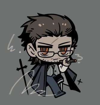 1boy :/ beard_stubble black_jacket black_necktie brown_eyes brown_hair chibi chibi_only cigar facial_hair full_body glasses gregor_(project_moon) hair_slicked_back holding holding_cigar jacket jacket_on_shoulders limbus_company male_focus mingzho74397408 mullet necktie night_awls_(identity)_(project_moon) official_alternate_costume peg_leg project_moon scar scar_on_face shirt sideburns smoke smoke_trail solo striped_clothes striped_vest stubble vest walking white_shirt