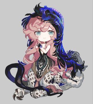 Rule 34 | 1girl, black dress, black hands, black tail, black veil, blue eyes, blue veil, centauroid, chibi, chimera, closed mouth, colored extremities, commentary request, dress, full body, grey background, highres, korean commentary, long hair, looking at viewer, nautika (reverse:1999), own hands together, pelly.k, pink hair, plunging neckline, reverse:1999, sitting, smile, solo, strapless, strapless dress, talons, taur, two-tone veil, veil, very long hair