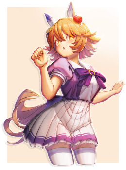 Rule 34 | + +, 1girl, animal ears, blush, bow, bowtie, breasts, clover hair ornament, commentary request, creape, daruma doll, daruma doll hair ornament, ear covers, flipped hair, four-leaf clover hair ornament, hair between eyes, hair ornament, highres, horse ears, horse girl, horse tail, matikanefukukitaru (umamusume), medium breasts, open mouth, orange hair, parted lips, pleated skirt, puffy short sleeves, puffy sleeves, purple bow, purple bowtie, purple shirt, sailor collar, sailor shirt, school uniform, shirt, short hair, short sleeves, single ear cover, skirt, solo, tail, thighhighs, tracen school uniform, umamusume, white sailor collar, white skirt, white thighhighs, zettai ryouiki