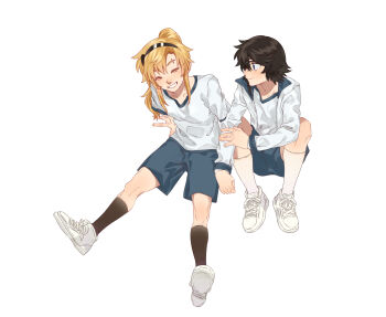 2girls absurdres black_hair black_shorts blonde_hair blush chinese_commentary closed_eyes commentary glasses grin highres jiguang_haibao kneehighs koishikawa_iko long_hair momijiyama_teru multiple_girls pinching school_uniform serafuku shoes short_hair shorts shy_(series) simple_background sitting smile socks white_background yellow_eyes