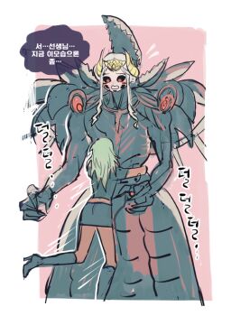 Rule 34 | 2girls, back, black footwear, black pantyhose, black shirt, black shorts, blush, boots, female byleth (fire emblem), claws, clenched teeth, couple, crop top, dress, edelgard von hresvelg, edelgard von hresvelg (hegemon husk), edelgard von hresvelg (timeskip), embarrassed, fake horns, fire emblem, fire emblem: three houses, flying sweatdrops, from behind, goldenbarleytea, green hair, hair up, headpiece, height difference, horns, hug, korean commentary, korean text, long hair, multicolored background, multicolored eyes, multiple girls, nintendo, nose blush, pantyhose, pink background, red pupils, shirt, short sleeves, shorts, speech bubble, teeth, translation request, wavy hair, white hair, yuri