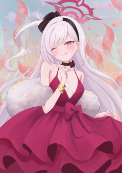 1girl a_ekoa black_bow black_choker black_hairband blue_archive blush bow bow_choker bracelet breasts cherry_blossoms choker closed_mouth collarbone commentary_request dress dress_bow earrings falling_petals feather_boa hairband halo highres holding_own_dress index_finger_raised jewelry long_hair looking_at_viewer mutsuki_(blue_archive) mutsuki_(dress)_(blue_archive) one_eye_closed one_side_up outdoors pearl_earrings petals pink_eyes red_dress red_halo sleeveless sleeveless_dress small_breasts smile solo tongue tongue_out white_hair