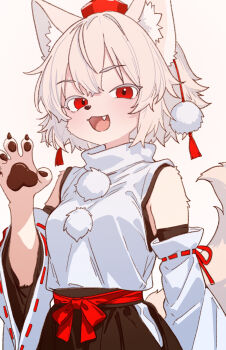 1girl animal_ear_fluff animal_ears bare_shoulders claw_pose claws commentary cowboy_shot detached_sleeves facing_viewer fang furry hat highres inubashiri_momiji looking_at_viewer pawpads pom_pom_(clothes) red_eyes red_ribbon ribbon ribbon-trimmed_sleeves ribbon_trim shirt short_hair skirt sleeveless sleeveless_shirt solo tail tokin_hat touhou uoka waist_ribbon white_background white_shirt wolf_ears wolf_girl wolf_tail