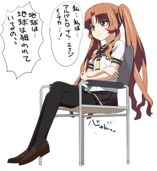 1girl a1_(initial-g) ano_natsu_de_matteru aoki_ryuusei_spt_layzner brown_hair chair crossed_arms crossed_legs female_focus long_hair otaku pantyhose parody pink_eyes school_uniform serafuku sitting solo sweatdrop translation_request twintails very_long_hair watching watching_television yamano_remon