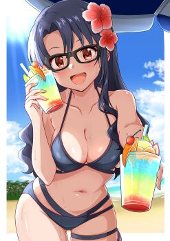 1girl absurdres beach bikini black-framed_eyewear black_bikini black_hair blush breasts cleavage collarbone commentary cup drink flower glasses hair_flower hair_ornament highres holding holding_cup idolmaster idolmaster_million_live! incoming_food long_hair medium_breasts mimiu_p navel red_eyes smile solo stomach sweat swimsuit takayama_sayoko thigh_strap very_long_hair