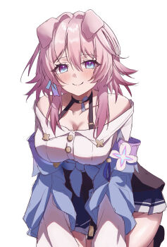 animal_ears aqua_eyes blue_jacket blush breasts closed_mouth dog_ears earrings gradient_eyes hair_between_eyes highres honkai:_star_rail honkai_(series) jacket jewelry leaning_forward long_sleeves march_7th_(honkai:_star_rail) medium_breasts medium_hair multicolored_eyes pink_eyes pink_hair rumi_(xafv5772) shirt simple_background smile white_background white_shirt