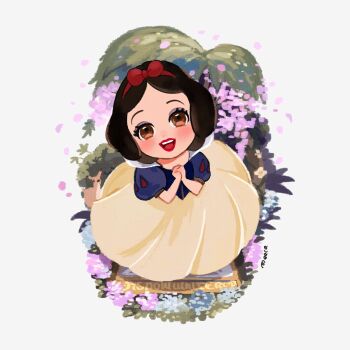 1girl animification black_hair bow chibi dress hair_bow holding looking_at_viewer meecosme open_mouth petals puffy_short_sleeves puffy_sleeves short_hair short_sleeves smile snow_white_(disney) snow_white_and_the_seven_dwarfs_(disney) solo