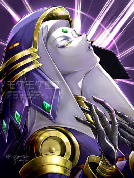 1girl character_request closed_eyes colored_skin duel_monster forehead_jewel grey_skin head_back highres purple_background simple_background solo twitter_username upper_body watermark yu-gi-oh! yukitaka_(zzzzz)