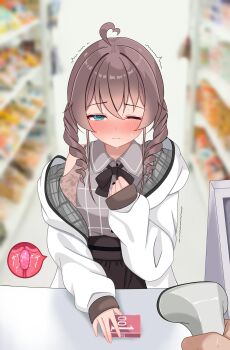 1girl absurdres blush brown_hair brown_skirt buying_condoms closed_mouth coat collared_shirt condom cross-section egg_vibrator green_eyes grey_shirt hair_between_eyes highres holding hololive looking_at_viewer mitsuboshi_nuko natsuiro_matsuri one_eye_closed pussy_juice sex_toy shirt shop short_hair skirt solo standing tears upper_body vibrator vibrator_cord virtual_youtuber white_coat white_shirt
