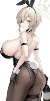 1girl animal_ears ass back bare_back bare_shoulders bishooji black_gloves black_leotard blue_archive blue_eyes bottle breasts brown_hair brown_pantyhose commentary_request eyepatch fake_animal_ears fake_tail from_behind gloves green_eyes grey_halo hair_over_one_eye halo highres holding holding_bottle large_breasts leotard looking_at_viewer pantyhose rabbit_ears rabbit_tail short_hair sideboob solo suou_(blue_archive) tail