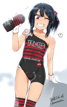 1girl 2021 ? artificial_vagina artist_name black_bodysuit black_hair bodysuit cameltoe cosplay flat_chest gloves grin hanenashi highres holding one_eye_closed original personification ponytail ponytail_holder red_bodysuit red_eyes sex_toy sidelocks skindentation smile striped_bodysuit striped_clothes striped_thighhighs tenga thighhighs wink year