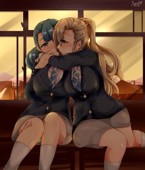 2girls acuto black_cardigan blonde_hair blue_eyes blue_hair blush cardigan closed_mouth hug looking_at_another looking_at_viewer maka_madoka medium_hair multiple_girls ponytail purple_hair sanga_(wixoss) shirt skirt solo thighhighs white_shirt white_skirt white_thighhighs wixoss wixoss_diva(a)live yuri