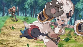 2girls @_@ alicia_(tate_no_yuusha_no_nariagari) anger_vein angry animal animal_ears animal_hands anna_(tate_no_yuusha_no_nariagari) arms_up bandana belt black_belt black_pants black_shoes black_suit blank_eyes blue_eyes blue_pants breasts brown_hair buck_teeth chasing cleavage cleavage_cutout clenched_teeth clothed_animal clothing_cutout crop_top dark-skinned_female dark_skin day double-parted_bangs falling_leaves fang fleeing forest formal_clothes game_cg gloves grey_hair hairband labo_(tate_no_yuusha_no_nariagari) leaf long_hair long_sleeves looking_back medium_breasts mole multiple_girls nature navel non-web_source official_art open_mouth outdoors pants path paw_gloves red_bandana road shoes shorts skin_fang small_sweatdrop smile stomach suit tate_no_yuusha_no_nariagari tate_no_yuusha_no_nariagari_rise teeth tree white_gloves white_hairband white_shorts