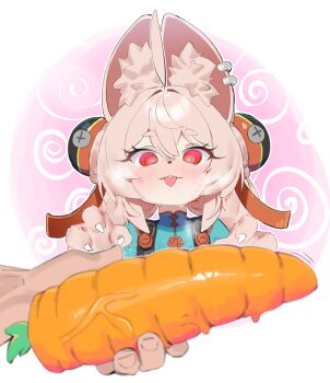 1boy 1girl @_@ absurdres ahoge animal_ear_fluff animal_ears blush braid buck_teeth carrot claws ear_piercing furry furry_female gen_(unzzenasd) highres holding holding_carrot phallic_symbol piercing pink_fur pink_hair rabbit_ears rabbit_girl red_eyes sexually_suggestive short_eyebrows sweat teeth thick_eyebrows twin_braids veins zenless_zone_zero zhao_(zenless_zone_zero)