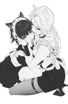 2girls absurdres alternate_costume animal_ears bare_shoulders blush cat_ears cat_girl chinese_commentary commentary_request couple crop_top detached_collar devil_may_cry_(series) dress embarrassed fake_animal_ears frilled_dress frilled_sleeves frills hair_between_eyes hand_on_another's_head head_tilt heterochromia high_heels highres hug kiss kissing_cheek kneeling lady_(devil_may_cry) leaning_forward leaning_on_person leaning_to_the_side long_hair maid monochrome multiple_girls pantyhose short_hair shorts simple_background trish_(devil_may_cry) warsong_zhange white_background wrist_cuffs yuri