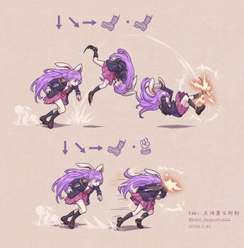 1girl absurdres animal_ears black_jacket boots bow bowtie brown_boots charging_forward chinese_commentary command_input commentary_request dated fighting_game frilled_skirt frills gameplay_mechanics highres jacket kicking long_hair luke_sullivan nero_augustus pink_skirt purple_hair rabbit_ears red_bow red_bowtie reisen_udongein_inaba signature skirt street_fighter street_fighter_6 thighhighs touhou tumbling twitter_username