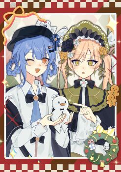 2girls ;d absurdres artist_request black_bow black_capelet black_flower black_hat black_rose blonde_hair blue_hair bonnet border bow braid braided_hair_rings capelet chinese_commentary christmas collared_shirt commentary_request commission deerstalker flower green_bonnet green_eyes hair_bow hair_rings hat highres holding_snowman index_finger_raised lolita_fashion long_hair long_sleeves mahou_shoujo_no_majo_saiban multiple_girls neck_ribbon one_eye_closed open_mouth red_border ribbon rose second-party_source shirt short_hair smile sparkle tachibana_sherry tono_hanna twintails upper_body white_shirt yellow_eyes yellow_flower yellow_rose