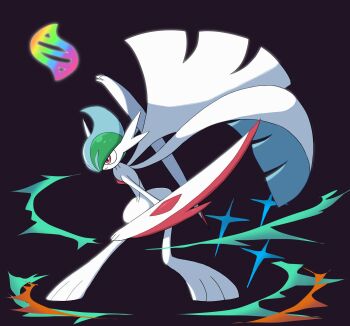1boy arm_blade arm_up blue_hair closed_mouth colored_skin fighting_stance full_body gallade gen_4_pokemon green_hair hair_over_one_eye highres leaning_forward legs_apart looking_afar male_focus mega_evolution mega_evolution_symbol mega_gallade mega_pokemon mohawk monya multicolored_hair nintendo one_eye_covered pokemon pokemon_(creature) purple_background red_eyes serious short_hair solo two-tone_hair weapon white_skin