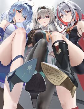 3girls bare_shoulders black_boots black_hairband black_jacket black_pantyhose blush bm_(bm364364) boots breasts choker collar colored_inner_hair commentary english_commentary feet femdom firefly_(honkai:_star_rail) fishnet_socks fishnets foot_focus foot_out_of_frame foot_up from_below green_pupils grey_hair hairband halo head_wings high_heel_boots high_heels highres honkai:_star_rail honkai_(series) jacket jewel_under_eye legs looking_at_viewer medium_breasts multicolored_hair multiple_girls neckerchief no_shoes open_mouth orange_neckerchief pantyhose pumps purple_choker purple_collar red_hair robin_(honkai:_star_rail) sadism shaded_face shoe_soles socks standing standing_on_one_leg streaked_hair toes topaz_(honkai:_star_rail) variant_set white_hair wings