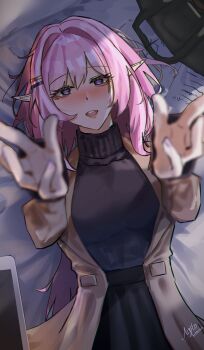 1girl absurdres agito_(agitoishere) artist_name bed black_sweater blue_eyes breasts brown_coat coat commentary drunk elf elysia_(honkai_impact) highres honkai_(series) honkai_impact_3rd large_breasts long_hair looking_at_viewer lying on_back on_bed pink_hair pointy_ears reaching reaching_towards_viewer solo sweater turtleneck turtleneck_sweater very_long_hair