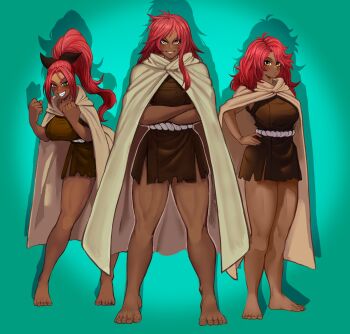 3girls artist_request bare_shoulders barefoot behelliths blush cape cavewoman crossed_arms dark-skinned_female dark_skin excited female_focus green_eyes hand_on_own_hip happy highres long_hair multiple_girls muscular muscular_female muscular_legs original primitive red_hair scar yellow_eyes