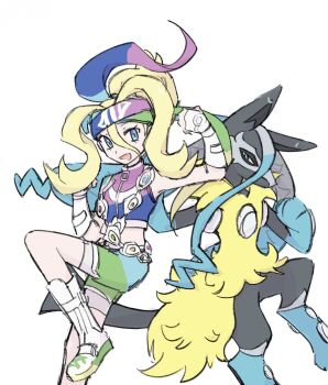 1girl :d blonde_hair blue_eyes boots eyelashes fingerless_gloves gen_4_pokemon gloves hair_between_eyes headband highres korrina_(pokemon) leg_up looking_at_viewer lucario mega_lucario_z nintendo open_mouth pokemon pokemon_(creature) pokemon_legends:_z-a shorts smile white_boots white_gloves xlii_idk