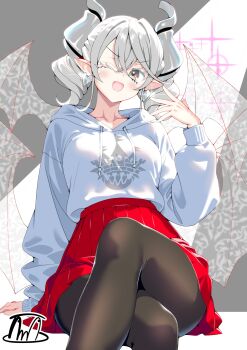1girl absurdres black_pantyhose blush breasts demon_horns demon_wings grey_eyes grey_hair highres hood hood_down hoodie horns large_breasts lovely_labrynth_of_the_silver_castle one_eye_closed open_mouth pantyhose pleated_skirt red_skirt skirt solo tama_amata wings yu-gi-oh!