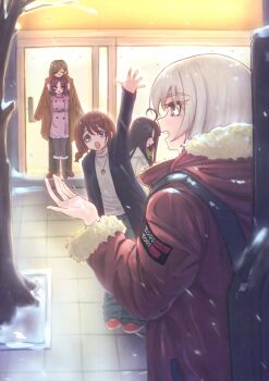 5girls absurdres ahoge animal_ears awa_subaru black_hair black_pantyhose blue_eyes blue_jacket brown_coat brown_hair closed_eyes closed_mouth coat commentary_request ebizuka_tomo girls_band_cry grey_eyes grey_hair guitar_case hair_between_eyes head_rest heart highres instrument_case instrument_on_back iseri_nina jacket kawaragi_momoka korean_commentary long_hair long_hair_between_eyes long_sleeves low_twintails multicolored_hair multiple_girls outdoors pantyhose pink_coat purple_eyes red_eyes red_jacket roots_(hair) rupa_(girls_band_cry) short_hair short_twintails snow togenashi_togeari tomare_(akashingou) twintails waving winter