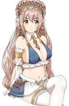 1girl arm_support bare_shoulders blue_bra blush bra breasts brown_hair cleavage closed_mouth collar collarbone covered_erect_nipples crossed_legs detached_collar detached_sleeves dot_nose earrings feather_earrings feather_hair_ornament feather_necklace feathers gatsby_ssl hair_ornament headdress highres idolmaster idolmaster_cinderella_girls idolmaster_cinderella_girls_starlight_stage invisible_chair jewelry large_breasts long_hair long_sleeves looking_to_the_side micro_bra midriff miniskirt navel necklace saionji_kotoka simple_background sitting skirt smile solo thick_eyebrows thighhighs underwear v-shaped_eyebrows white_background white_collar white_skirt white_sleeves white_thighhighs yellow_eyes