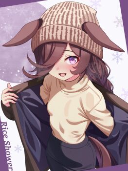 1girl animal_ears beanie blush breasts brown_coat brown_hair brown_sweater coat ears_through_headwear flipped_hair hair_over_one_eye hat highres hokuyukis horse_ears horse_girl horse_tail long_hair looking_at_viewer open_clothes open_coat open_mouth purple_eyes rice_shower_(umamusume) sky small_breasts smile solo sweater tail umamusume
