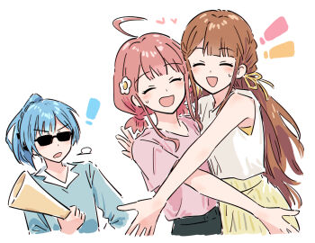 Rule 34 | !, !!, 3girls, :d, ^ ^, ahoge, black skirt, blue hair, brown hair, closed eyes, commentary, facing viewer, grey shirt, hair ribbon, half updo, high ponytail, holding, holding megaphone, hosono yuzu, hug, long sleeves, medium hair, megaphone, multiple girls, mutual hug, open mouth, pink hair, pink shirt, ponytail, ribbon, sakamoto yayoi (teppen!!!), shirt, short sleeves, simple background, skirt, sleeveless, sleeveless shirt, smile, sweatdrop, takahashi yomogi, teppen!!! (manga), v-shaped eyebrows, white background, white shirt, yellow ribbon, yellow skirt, yukitake (bullfalk)