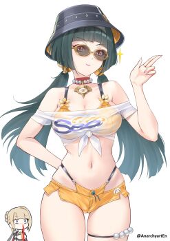 Rule 34 | 2girls, anarchyart, astra yao, belle (summer skies) (zenless zone zero), belle (zenless zone zero), belle (zenless zone zero) (cosplay), black hair, black hat, blonde hair, blood, blunt bangs, breasts, bucket hat, cleavage, commentary request, cosplay, evelyn chevalier, hat, highres, large breasts, linea alba, low twintails, micro shorts, midriff, multiple girls, navel, nosebleed, off-shoulder shirt, off shoulder, orange shorts, pink eyes, shirt, shorts, simple background, smile, tied shirt, twintails, twitter username, white background, white shirt, yellow-framed eyewear, zenless zone zero