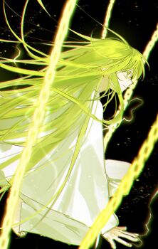 Rule 34 | 1other, androgynous, black background, chain, enkidu (fate), fate/grand order, fate (series), full body, green eyes, green hair, highres, lamyeongood, long hair, on one knee, other focus, profile, robe, smile, solo, white robe