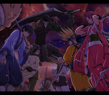 Rule 34 | 6+boys, bandages, bandana, black hair, blonde hair, blue eyes, fireflies, fuji (rurouni kenshin), helmet, honjou kamatari, itouei, iwanbou, japanese clothes, juppongatana, kariwa henya, katana, kimono, male focus, mask, multiple boys, night, rurouni kenshin, sadojima houji, saizuchi, sawagejou chou, seta soujirou, sword, trap, uonuma usui, weapon, yuukyuuzan anji