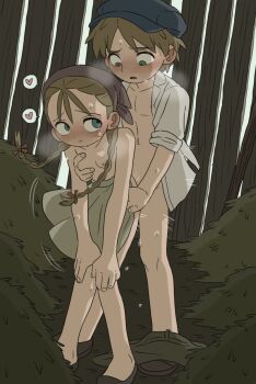 1boy 1girl aomuke blue_hat blush braid breasts brown_hair grabbing_another's_breast groping hat headscarf hetero highres kodomo_doushi loli long_hair nipples open_clothes open_mouth open_shirt original sex sex_from_behind shota small_breasts topless_female twin_braids twintails