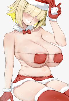 1girl absurdres alternate_costume bikini blonde_hair breasts elegg_(nikke) esearu eyepatch_bikini gloves goddess_of_victory:_nikke grin hair_over_eyes hat highres huge_breasts microskirt navel plump purple_eyes red_bikini red_gloves red_skirt red_thighhighs santa_costume santa_hat short_hair sitting skirt smile solo swimsuit thighhighs thighs white_background
