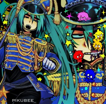 Rule 34 | abstract background, aqua eyes, aqua hair, band uniform, black pants, blue eyes, blue hair, buttons, chain, chibi, commentary, epaulettes, exposed teeth, gloves, hair between eyes, hand up, hat, hatsune miku, highres, injury, kagamine len, kagamine rin, kaito (vocaloid), long hair, looking at viewer, marching band, marching band baton, megurine luka, meiko (vocaloid), my chemical romance, open mouth, pants, pikubee, shako cap, sparkle, spiked hair, squinting, star (symbol), the black parade, thick eyebrows, twintails, untranslatable commentary, very long hair, vocaloid, watermark, white gloves