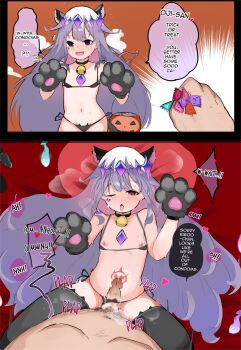 1boy 1girl animal_ears animal_hands before_and_after bentoenjoyer bikini blush cat_ears censored chest_jewel condom crown cum cum_in_pussy ejaculation english_text flat_chest gem gloves halloween heart heart-shaped_pupils hetero highres hololive hololive_english instant_loss internal_cumshot koseki_bijou loli micro_bikini missionary mosaic_censoring nipples one_eye_closed paw_gloves penis pov purple_eyes purple_hair pussy sequential sex sweat swimsuit symbol-shaped_pupils thighhighs tongue tongue_out trick_or_treat used_condom vaginal virtual_youtuber x-ray