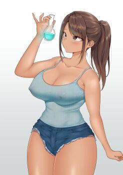 1girl absurdres aqua_tank_top bare_arms blue_shorts blush breasts brown_eyes brown_hair cleavage closed_mouth commentary_request covered_erect_nipples covered_navel dark-skinned_female dark_skin denim denim_shorts dot_mouth flask gradient_background grey_background hair_ornament highres holding holding_flask large_breasts long_hair original ponytail round-bottom_flask sak1023 see-through_tank_top short_shorts shorts sidelocks simple_background standing tank_top thighs white_background