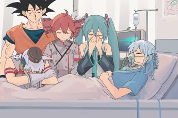 1boy 4girls absurdres aqua_hair aqua_necktie armband bed black_hair black_hat black_sleeves blue_shirt cardiogram closed_eyes closed_mouth commentary covering_own_mouth crossover detached_sleeves dragon_ball dragonball_z dress drill_hair ears_down english_commentary gloves gold_ship_(umamusume) grey_dress grey_gloves grey_hair grey_shirt hair_ornament hair_ribbon hat hatsune_miku highres hospital_bed hospital_gown indoors intravenous_drip jumpsuit kasane_teto layered_sleeves leaning_forward leaning_on_person long_hair long_sleeves medium_hair microsoft_windows multiple_crossover multiple_girls myticalcat necktie open_mouth orange_jumpsuit oxygen_mask pillbox_hat plankton_(spongebob) red_dress red_hair ribbon sad shirt short_hair short_over_long_sleeves short_sleeves sleeveless sleeveless_dress sleeveless_shirt smile son_goku spiked_hair spongebob_squarepants_(series) tearing_up textless_version twin_drills twintails umamusume under_covers utau v_arms very_long_hair vocaloid white_ribbon windows_10