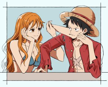 1boy 1girl absurdres bare_shoulders bikini bikini_top_only black_hair blue_bikini breasts cheek_pull cleavage closed_mouth collarbone commentary_request cross_scar devil_fruit_power elasticity elbow_rest facial_scar hand_on_another's_cheek hand_on_another's_face hand_on_own_cheek hand_on_own_face hat highres large_breasts long_hair looking_at_another m_(user_gjgn8588) monkey_d._luffy nami_(one_piece) one_piece open_clothes open_shirt orange_eyes orange_hair red_shirt scar scar_on_cheek scar_on_chest scar_on_face serious shirt smile straw_hat string_bikini swimsuit upper_body wavy_hair