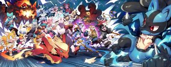 6+boys 6+girls absurdres animal_crossing animal_ears animal_nose arthropod_girl blaziken body_fur bodysuit bow_(weapon) bowser brand_new_animal breath_weapon breathing_fire character_request copyright_request crossover dress fire fox_ears fox_girl fox_tail furry fury_bowser gen_3_pokemon gen_4_pokemon height_difference highres holding holding_weapon hood hoodie kagemori_michiru kindred_(league_of_legends) kkyattyu krystal league_of_legends looking_at_another lucario mario_(series) marshal_(animal_crossing) muffet multiple_boys multiple_crossover multiple_girls nicole_watterson nintendo ogami_shirou pokemon pokemon_(creature) raccoon_ears raccoon_girl raccoon_tail ratchet_&amp;_clank ratchet_&amp;_clank:_rift_apart ratchet_(ratchet_&amp;_clank) raymond_(animal_crossing) red_eyes rivet_(ratchet_&amp;_clank) rouge_the_bat running smile snout sonic_(series) star_fox star_fox_adventures super_mario_3d_world tail tails_(sonic) the_amazing_world_of_gumball toriel undertale utdr_(toby_fox) warcraft weapon world_of_warcraft yuumi_(league_of_legends)