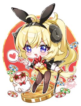 1girl ahoge animal_ear_hairband animal_ears black_coat black_pantyhose blonde_hair blush bow bowtie breasts cane chibi chibi_only coat commentary fake_animal_ears fishnet_pantyhose fishnets hair_ornament hairband hairclip highres holding holding_cane hololive horns kan_(kan0108) leotard long_hair looking_at_viewer medium_breasts pantyhose playboy_bunny ponytail purple_eyes rabbit_ear_hairband rabbit_ears red_bow red_bowtie sheep sheep_ears sheep_girl sheep_horns sheep_tail smile smug solo tail tailcoat_playboy_bunny tsunomaki_watame v-shaped_eyebrows very_long_hair virtual_youtuber watamate yellow_leotard