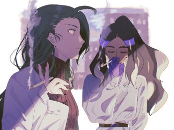 Rule 34 | 2girls, alternate hairstyle, awapontasu, black hair, black sweater, blue sweater, cigarette, closed eyes, coat, commentary request, dark-skinned female, dark skin, ear piercing, earrings, geeta (pokemon), green hair, hair down, highres, holding, holding cigarette, jewelry, long hair, multiple girls, nintendo, piercing, pokemon, pokemon sv, ponytail, red eyes, ribbed sweater, rika (pokemon), smoke, smoking, sweater, turtleneck, turtleneck sweater, white coat