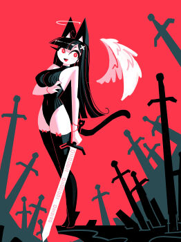 Rule 34 | 1girl, andaerz, angel wings, animal ears, arm under breasts, bare shoulders, binary, black hair, black leotard, black thighhighs, bow, bow legwear, bracelet, breasts, cat ears, cat girl, cat girl (andaerz), cat tail, covered navel, full body, halo, heattech leotard, highres, holding, holding sword, holding weapon, jewelry, leotard, limited palette, long hair, looking at viewer, medium breasts, multiple swords, open mouth, original, planted, planted sword, planted weapon, red background, red bow, red eyes, ribbed leotard, solo, sword, tail, thighhighs, turtleneck, weapon, wings