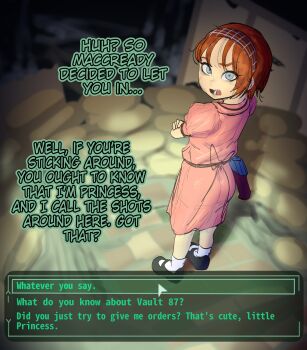 1girl ass bow child crossed_arms dialogue_box dialogue_options dress english_text fallout fallout_3 grey_eyes gun headband highres looking_at_viewer looking_back mary_janes open_mouth orange_hair pink_dress princess_(fallout) sawed-off_shotgun shoes shotgun socks tillshitposting weapon