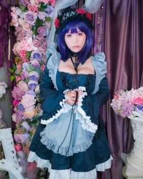 1girl breasts cosplay female_focus headband japanese_(nationality) large_breasts looking_at_viewer model photo_(medium) purple_hair real_life shibuya_kaho solo sono_bisque_doll_wa_koi_wo_suru thighhighs wig